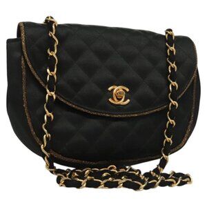 CHANEL Matelasse Chain Shoulder Bag Satin Black Gold CC Auth PP692